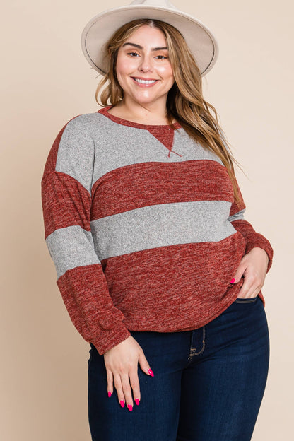 ETK-8626-PL Plus Size Color Block Casual Top