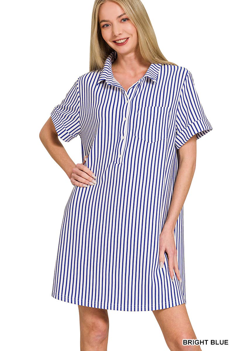 0210 Stripe Collared Half Button Up T-Shirt Dress SI-29476