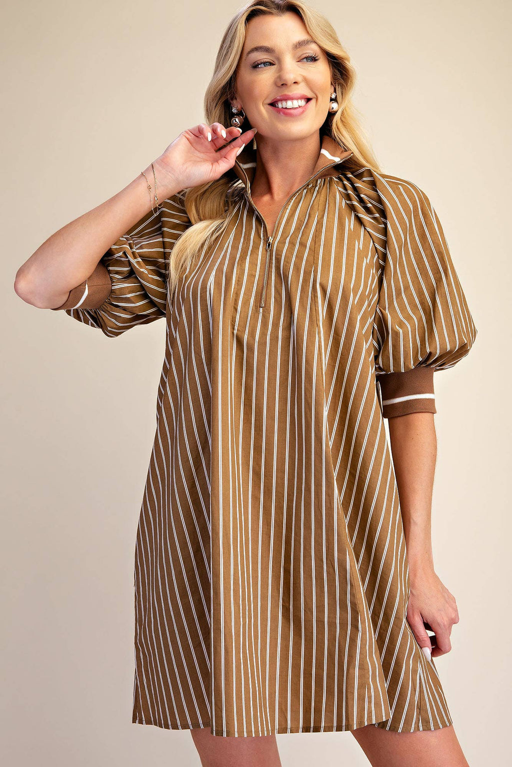 Mock Neck Band Half Zip Stripe Mini Dress