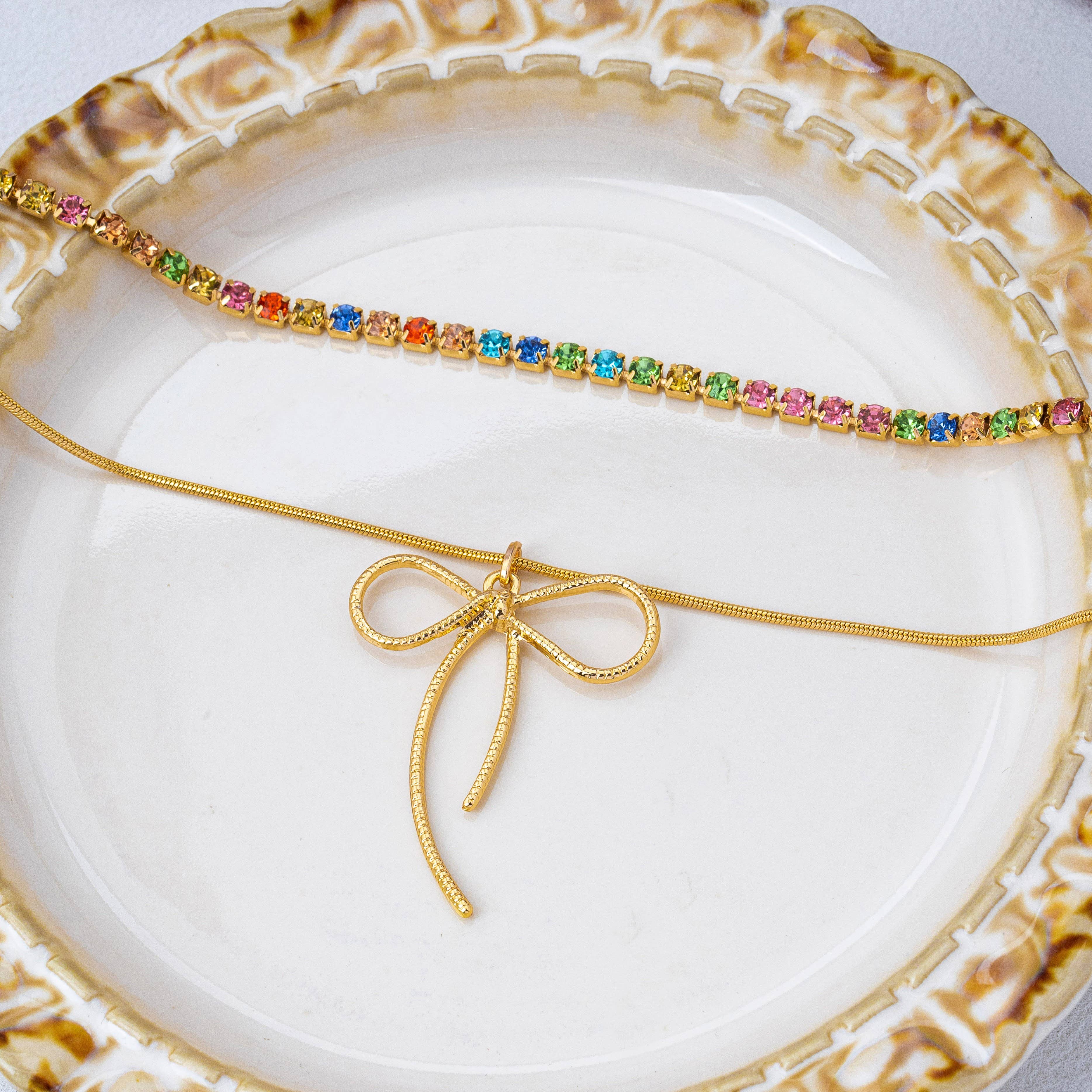 Rainbow Gemstone Bow Layered Necklace | 80N93283