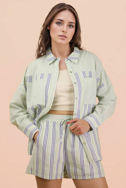 NT12497SETX-PLUS SIZE Stripe Woven Shirt Top & Shorts Set