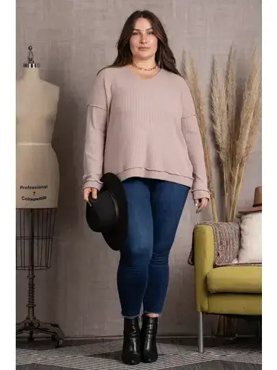 TAUPE RIBBED KNIT LONG SLEEVES PLUS SIZE TOP-M5044P