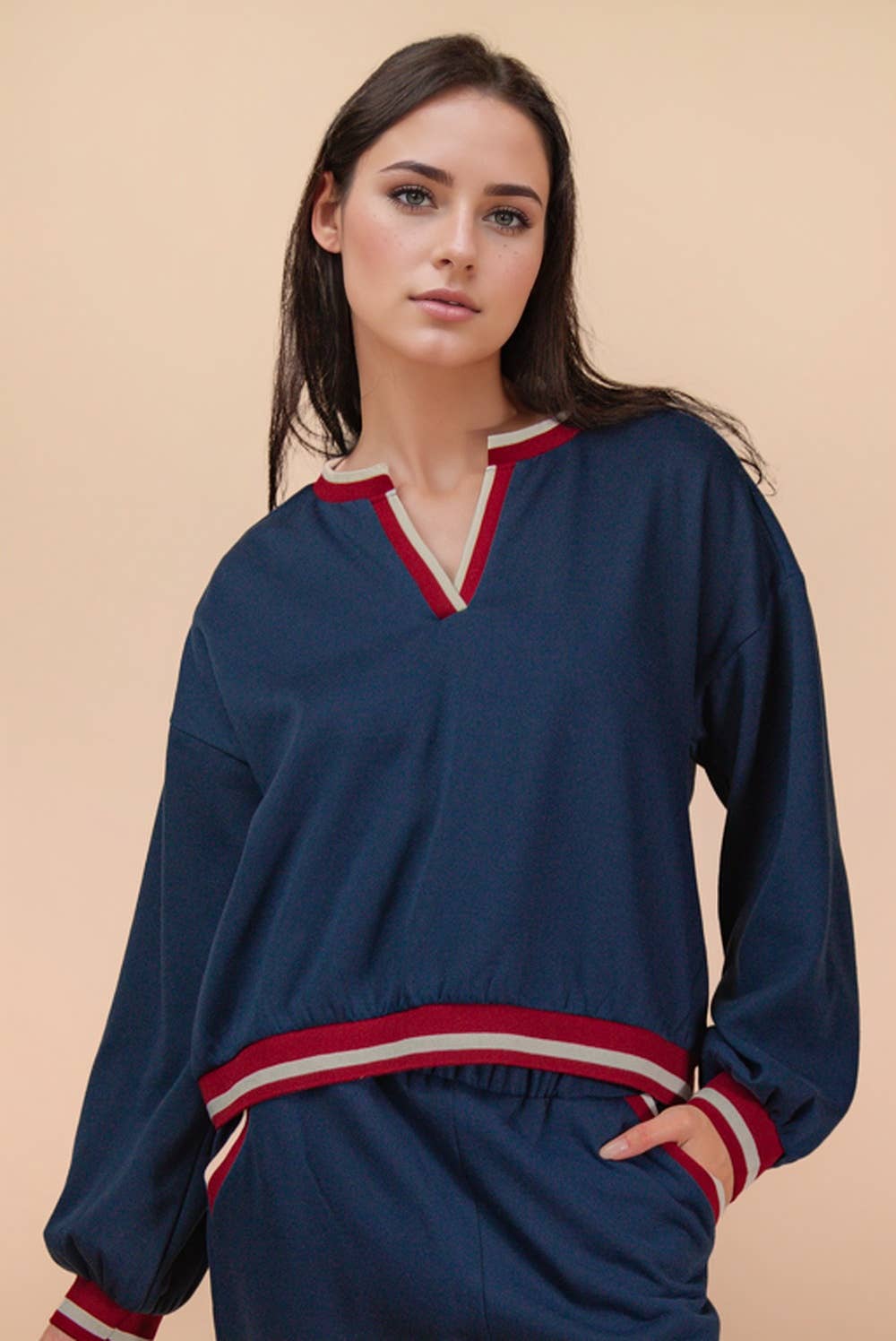 NT12382SET-Color Block Band Detail Comfy Knit Top & Pants Set