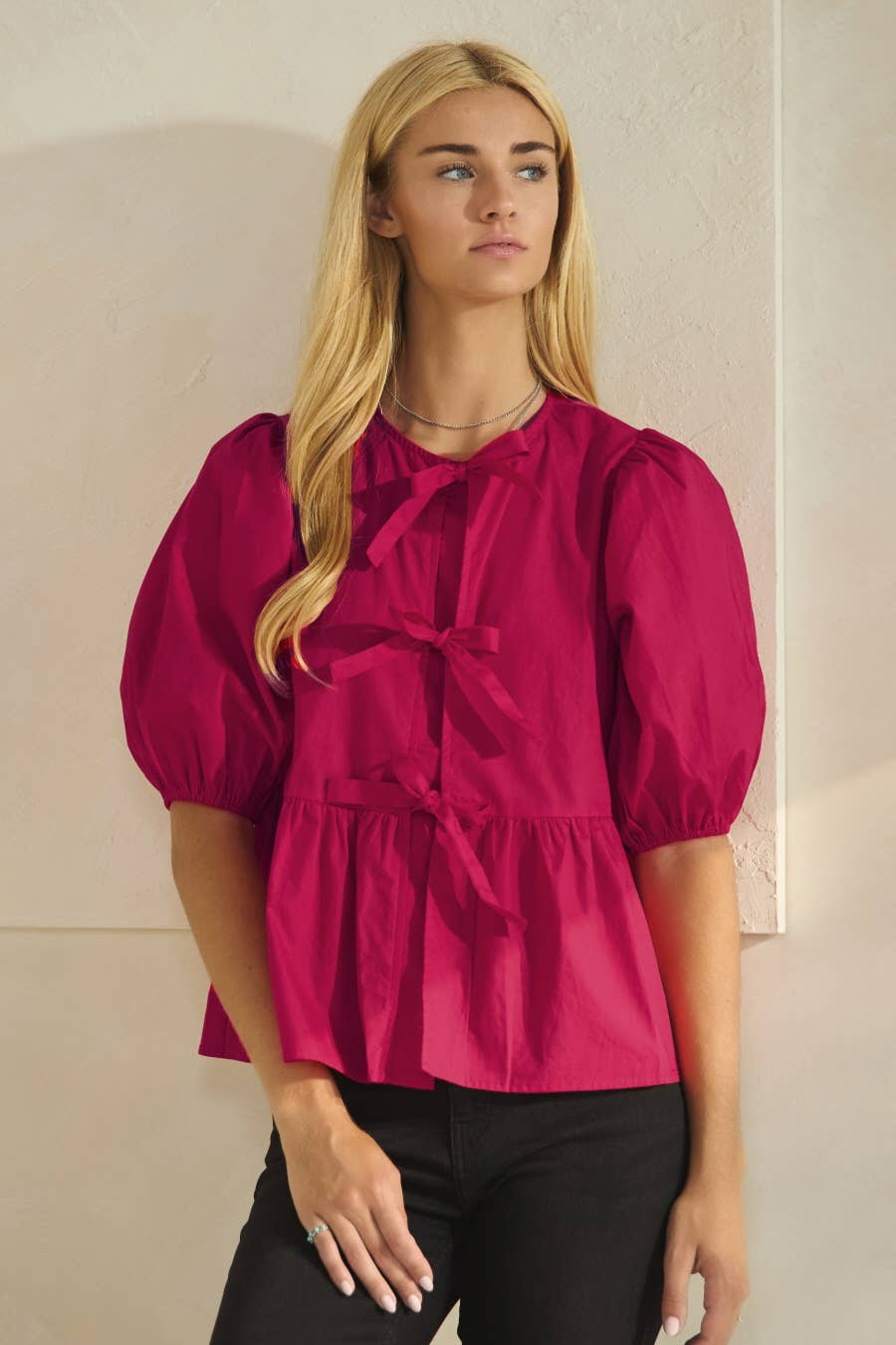 Solid Cotton Poplin Front Tie Ribbon Blouse: Burgundy / M