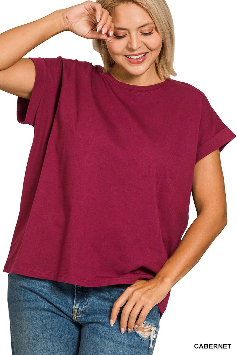 Plus Round Neck Folded Short Sleeve T Shirt - Zenana