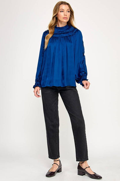 IT3477 - RUFFLED LONG SLEEVES SATIN TOP