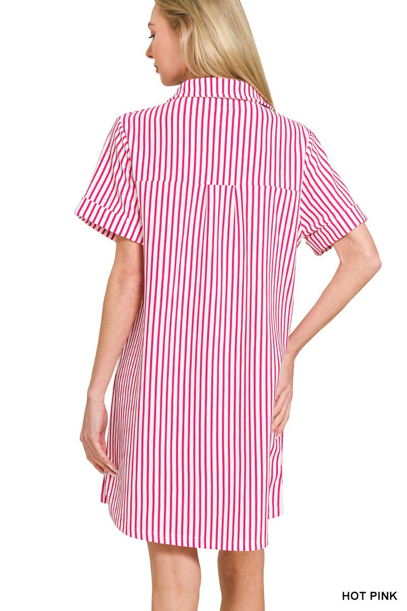 0210 Stripe Collared Half Button Up T-Shirt Dress SI-29476