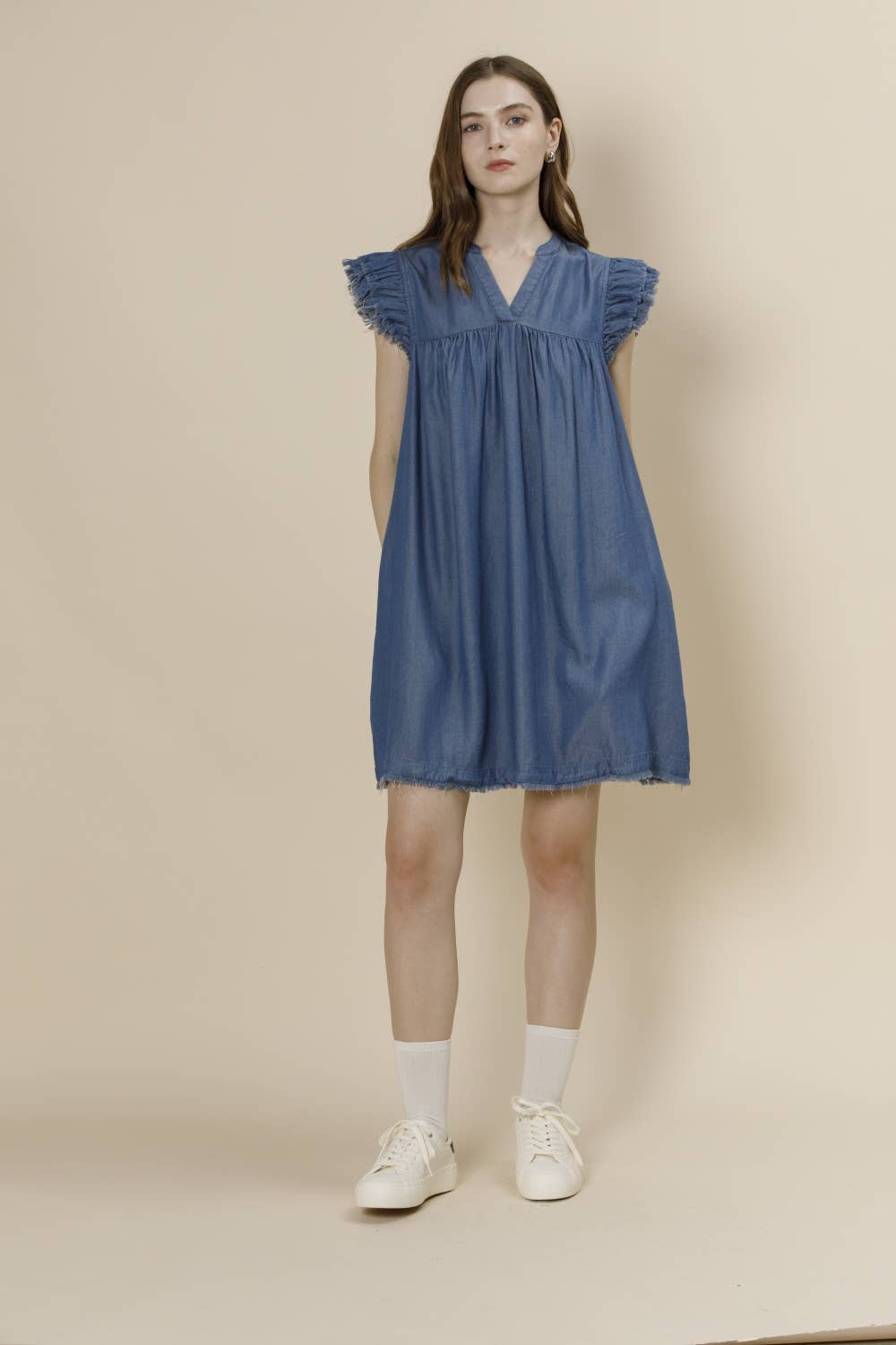 Frayed Sleeve Tencel Denim Mini Dress