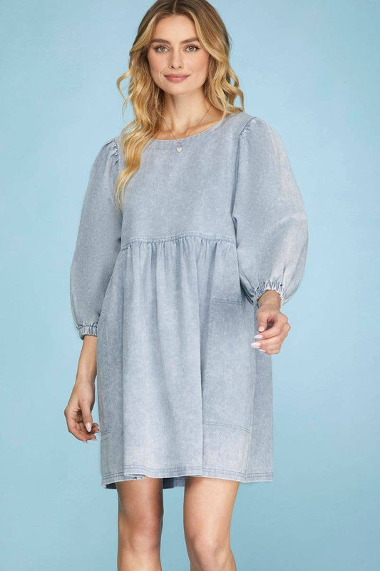 LT. BLUE 3/4 SLEEVES WASH TWILL BABYDOLL MINI DRESS S16SY617: LT. BLUE / Contemporary / L
