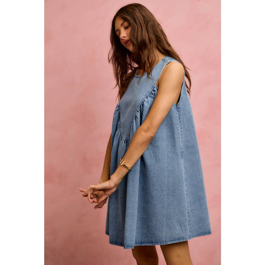 DENIM RUCHED SLEEVELESS DRESS