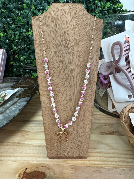 PINK BEAD BOW NECKLACE