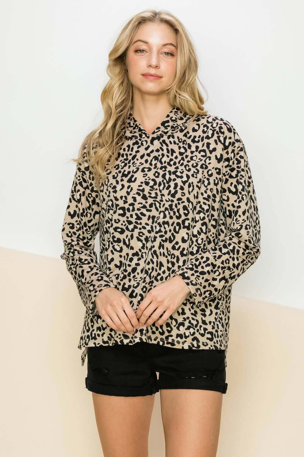 ST3063 - FRENCH TERRY LEOPARD PRINTED TOP WITH HOODIE