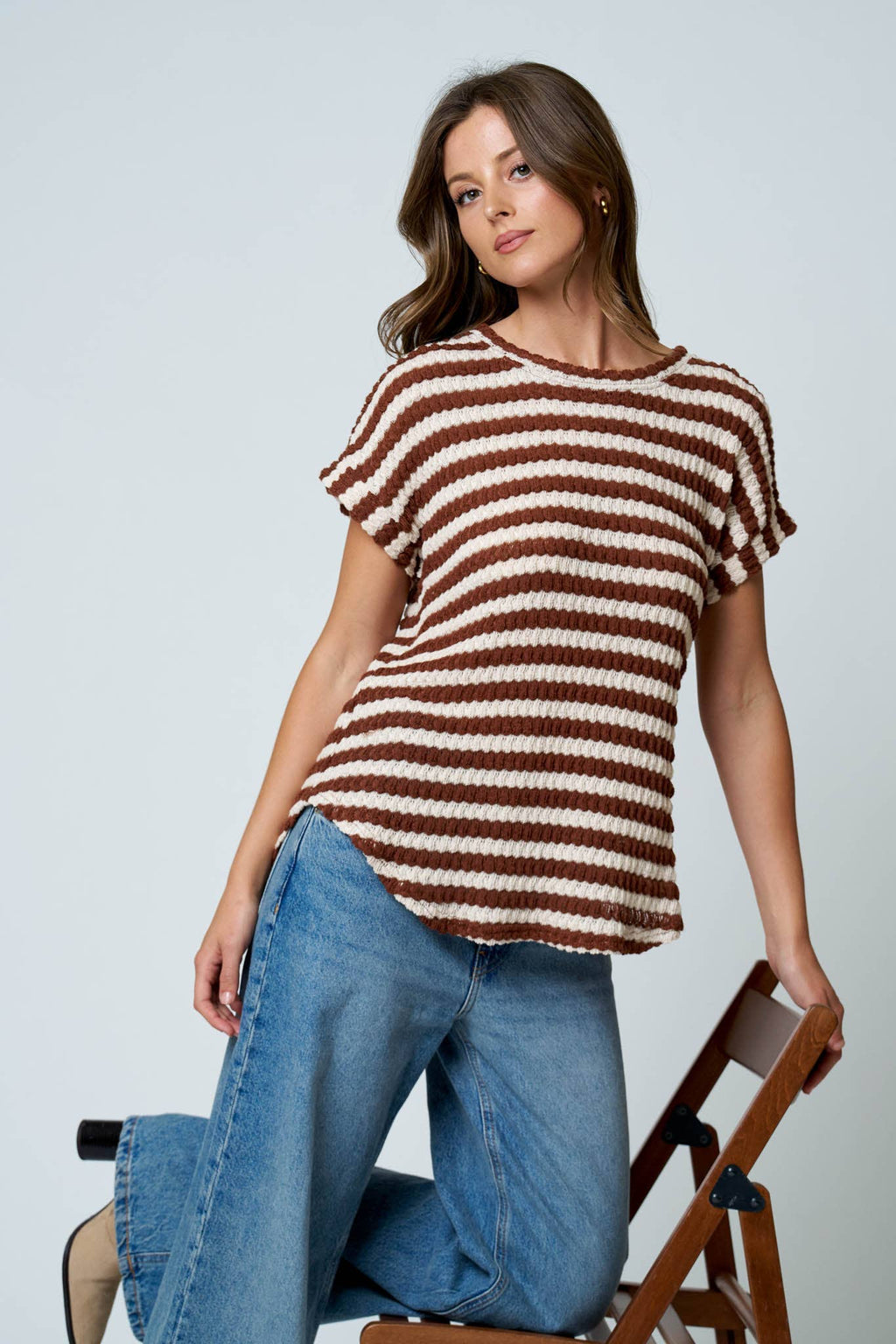 TEXTURED STRIPE ROUND NECK DOLMAN SLEEVE KNIT TOP