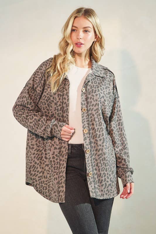 ET7425-14 BASIC COLLAR ANIMAL URBAN RIB BUTTON DOWN TOP: TAUPE / 2-2-2 (S-M-L)