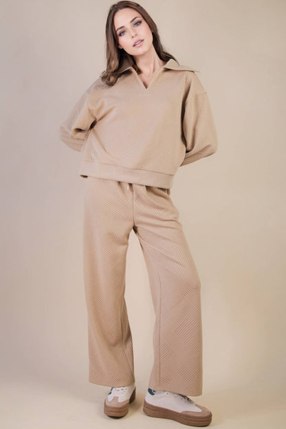 NT12404SET-Textured Knit Casual Comfy Top & Pants Set