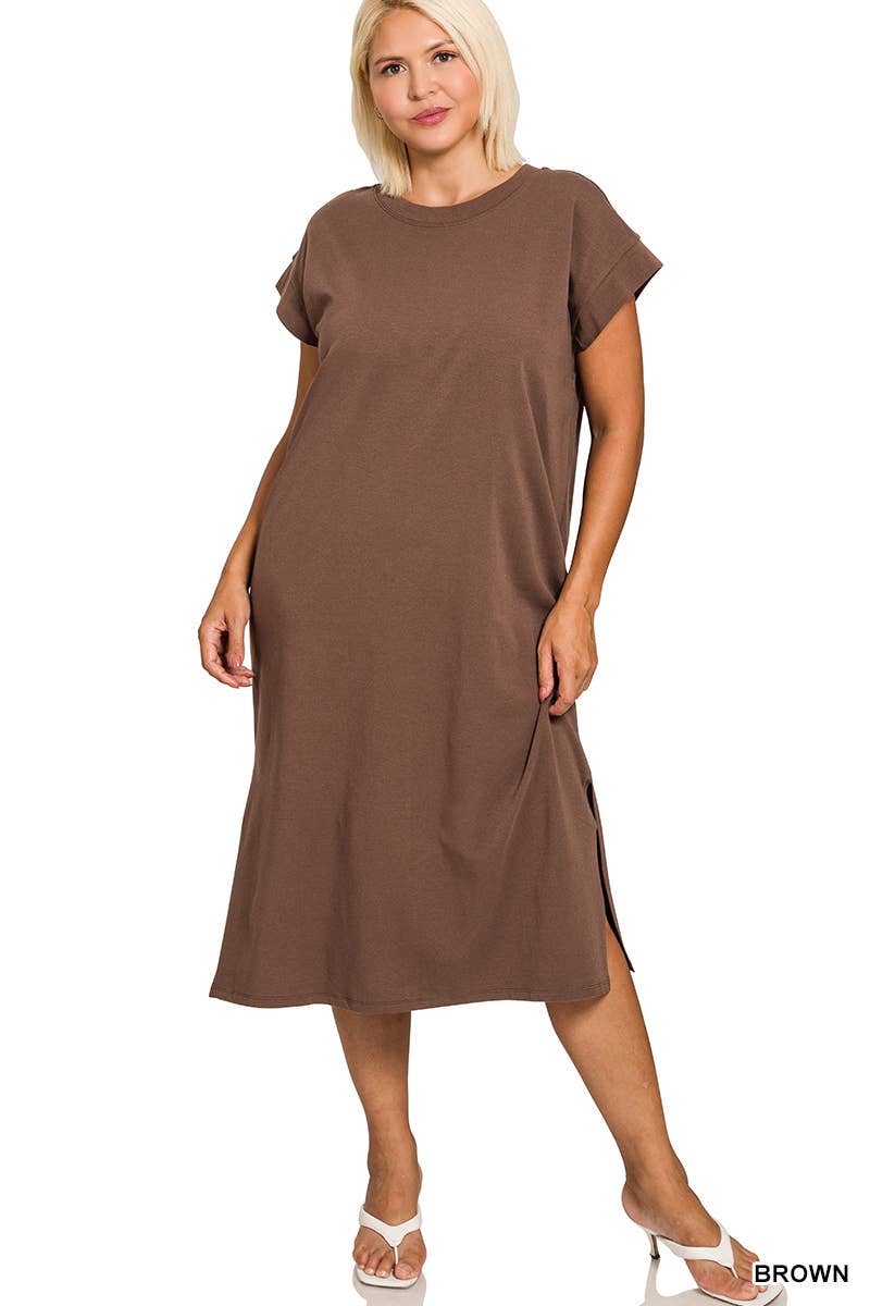 0624 Plus Round Neck Short Sleeve Midi Dress w/ Side Slit SI-2728