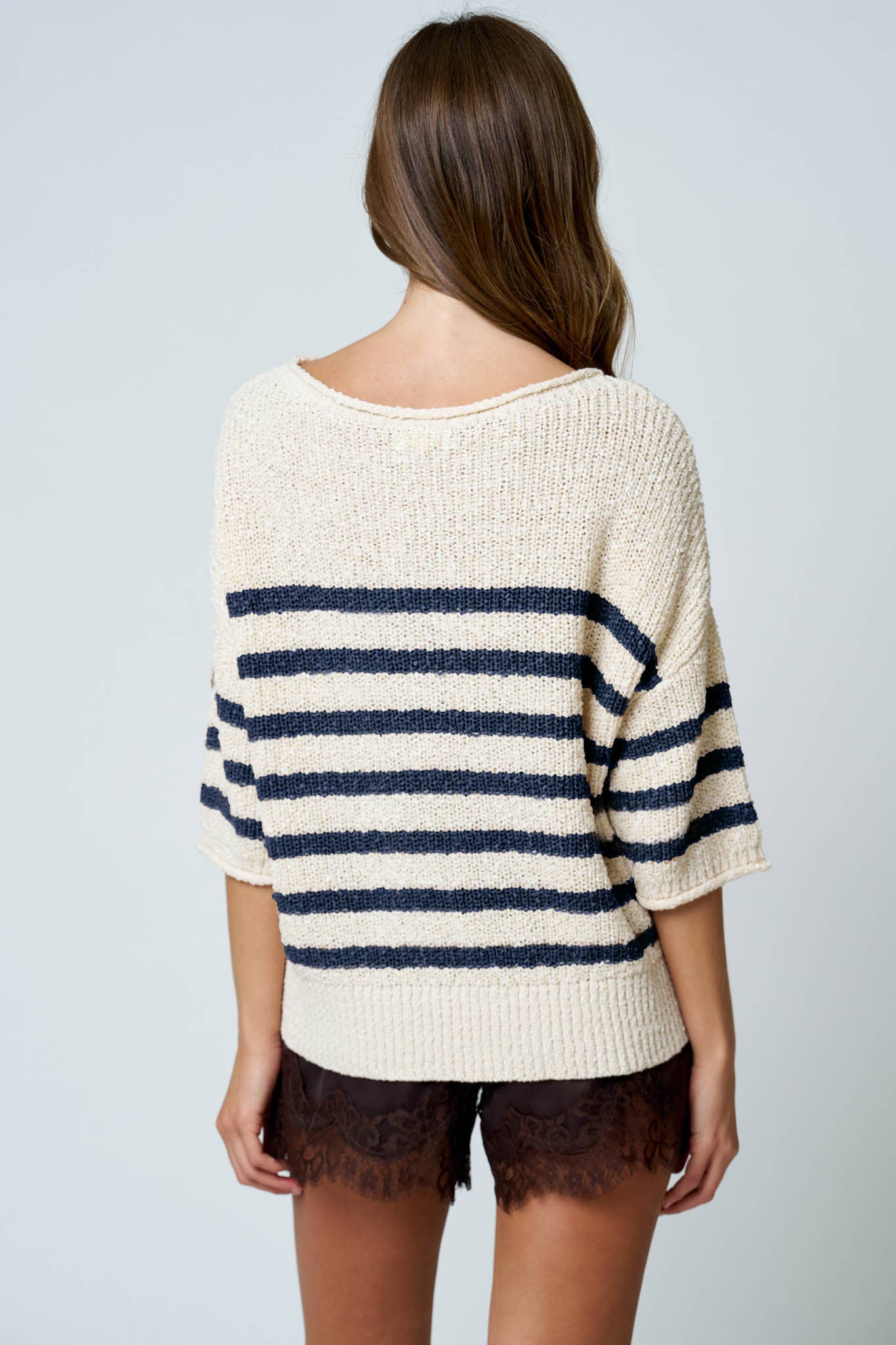 STRIPE TEXTURED KNIT HALF SLEEVE KNIT SWEATER