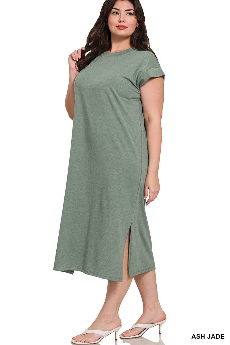 0624 Plus Round Neck Short Sleeve Midi Dress w/ Side Slit SI-2728