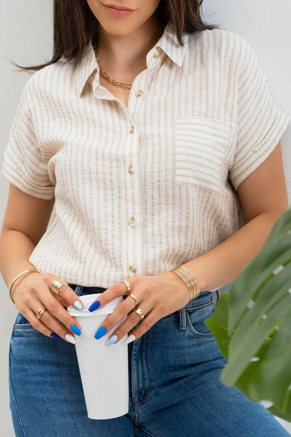 STRIPE COLLARED SHORT SLEEVE LINEN SHIRT: BLACK