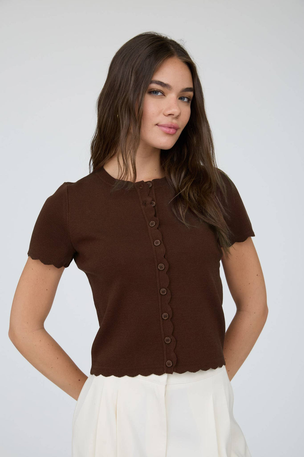 SCALLOPED SHORT SLEEVE BUTTON DOWN KNIT CARDIGAN