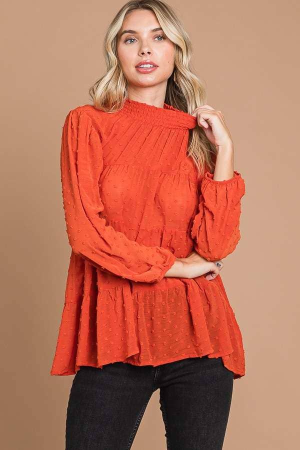 CWT1887Q - SMOCK NECK TIERED 3/4 SLEEVE TOP