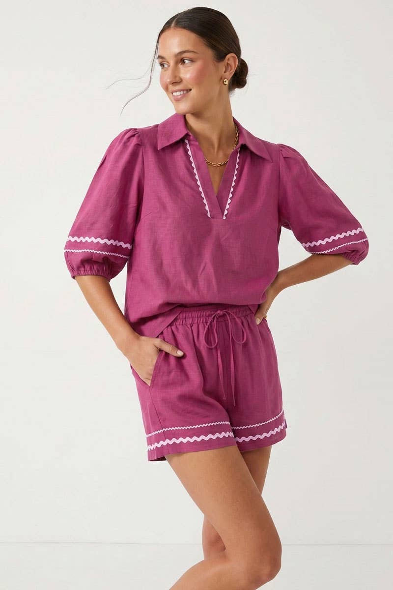 Contrast Trim Puff Sleeve Linen Blouse