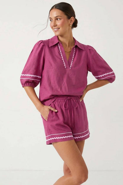 Contrast Trim Puff Sleeve Linen Blouse