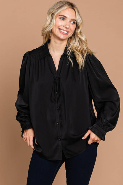 64669W-Soft Satin Button Down Front Shirts