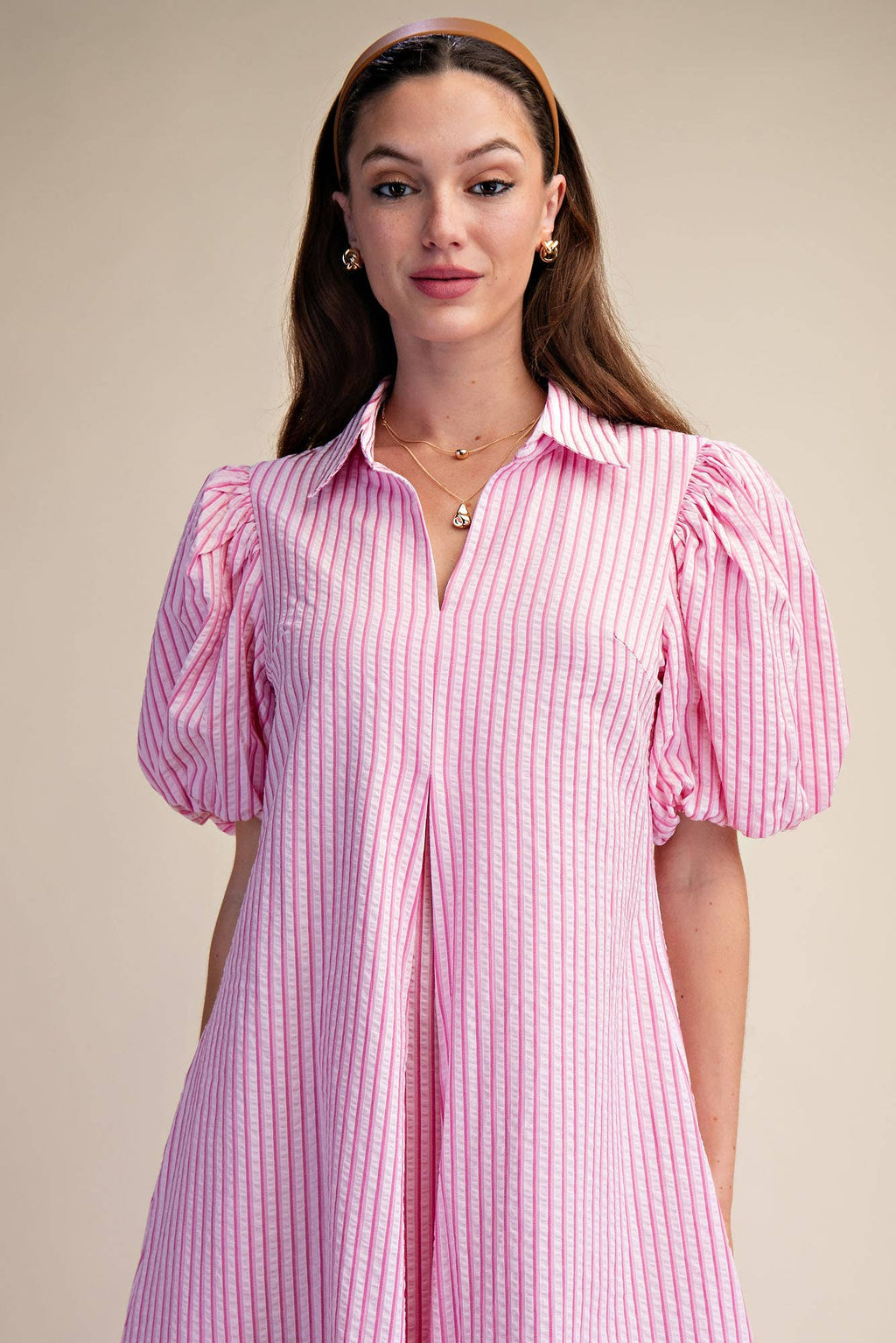 Collar V-Neck Puff Sleeve Stripe Pleated Midi Dress