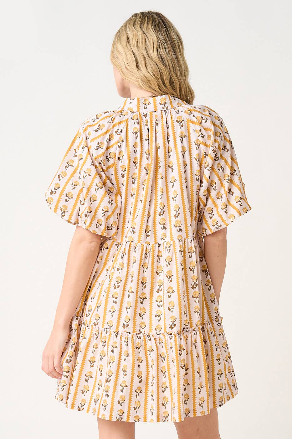FLORAL STRIPE PRINT TIERED MINI SHIRT DRESS