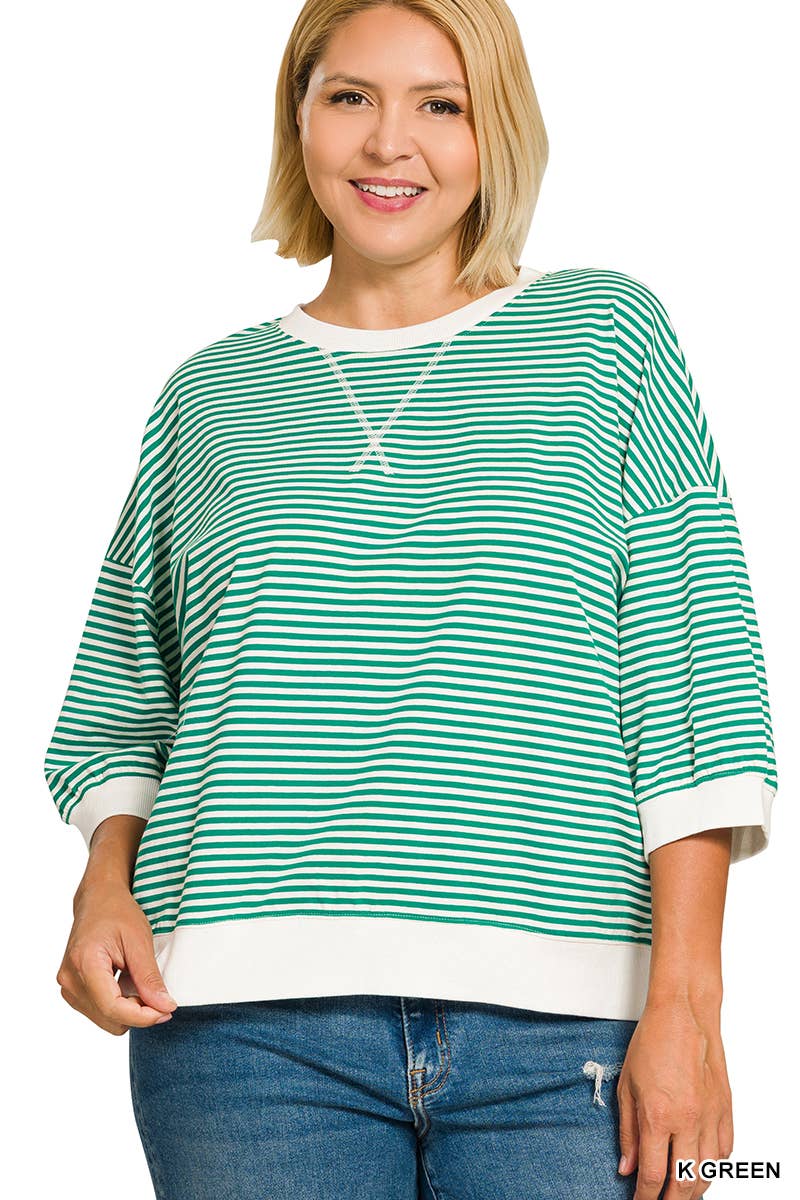 Plus Striped Rib Banded Short Sleeve Pullover