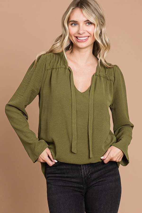 CWT1862L - RUCHING YOKE DETAIL BELL SLEEVE TOP