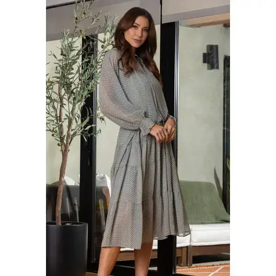 SAGE RUFFLED TIE NECK LONG SLEEVES MAXI DRESS D8205: SAGE / Contemporary / S