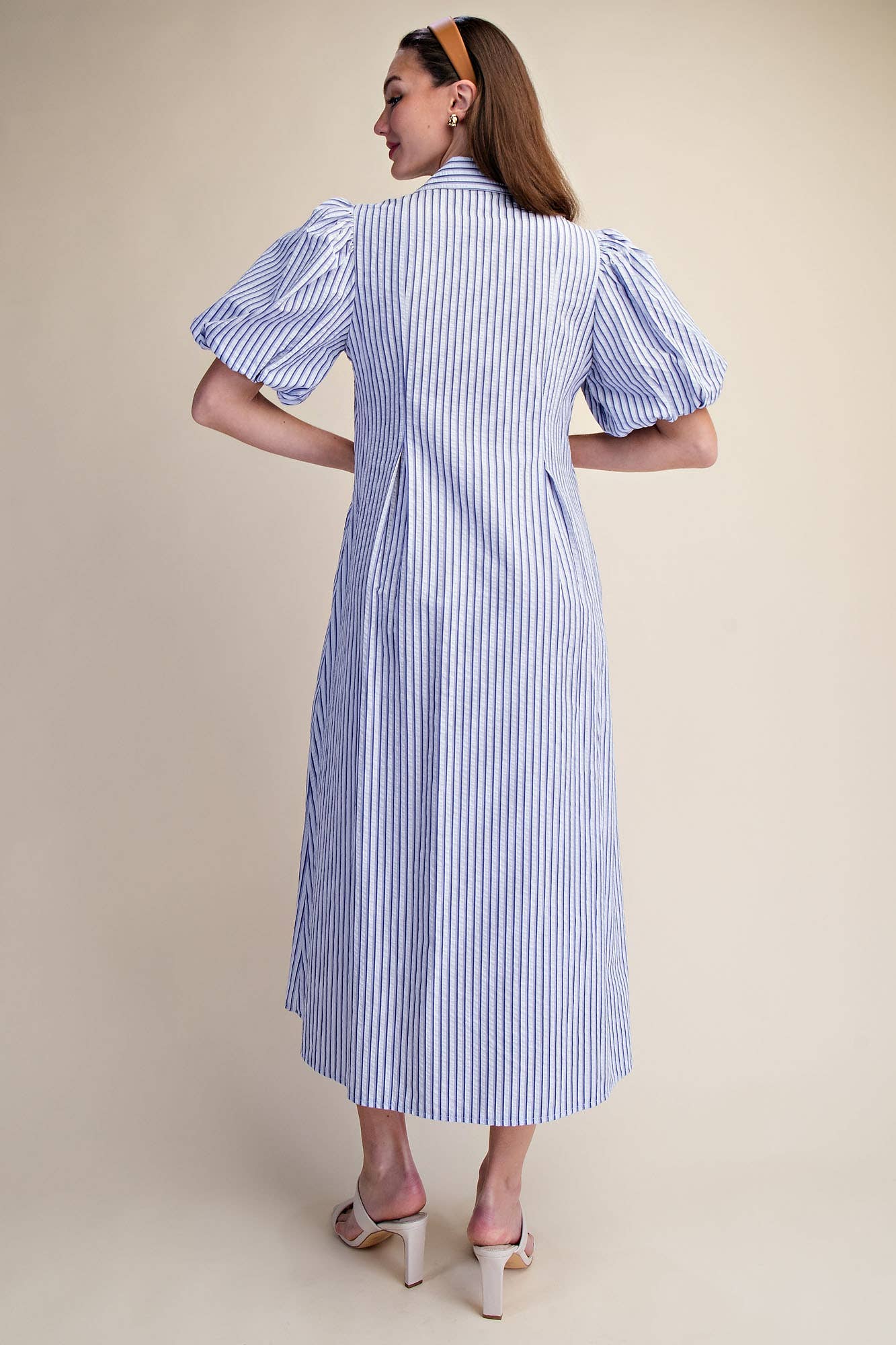 Collar V-Neck Puff Sleeve Stripe Pleated Midi Dress