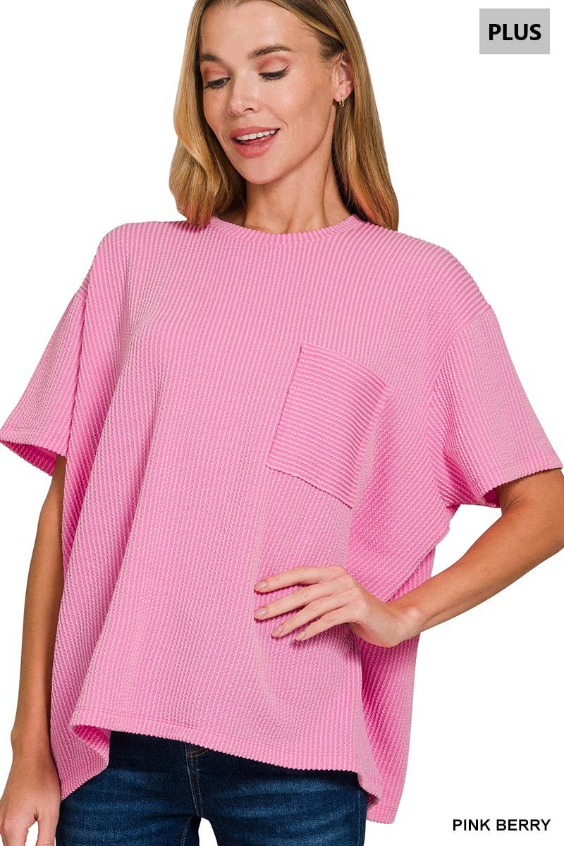 0107 Plus Raised Rib Short Sleeve Front Pocket Top SI-28942