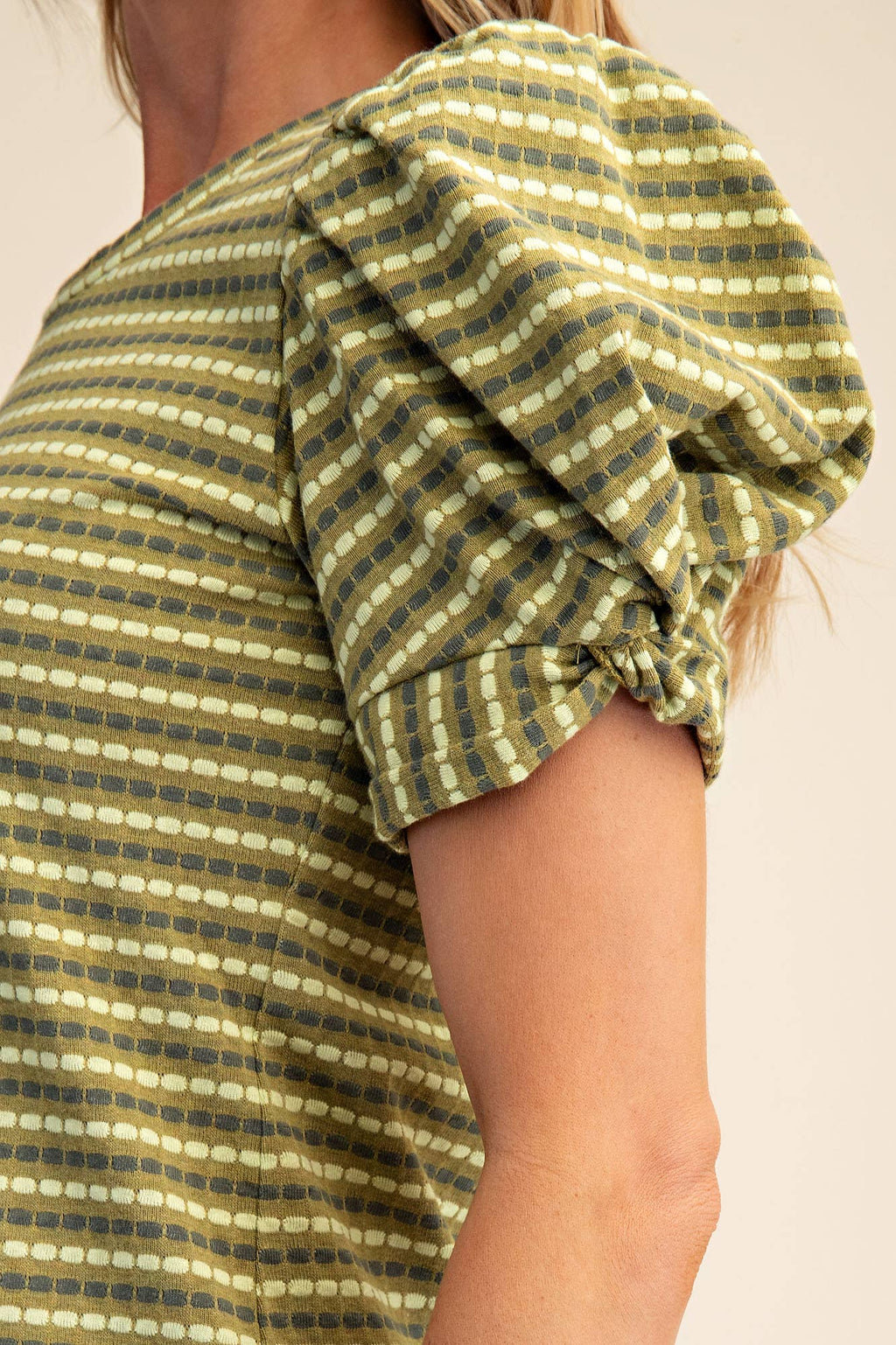 Round Neck Puff Sleeve Stripe Top