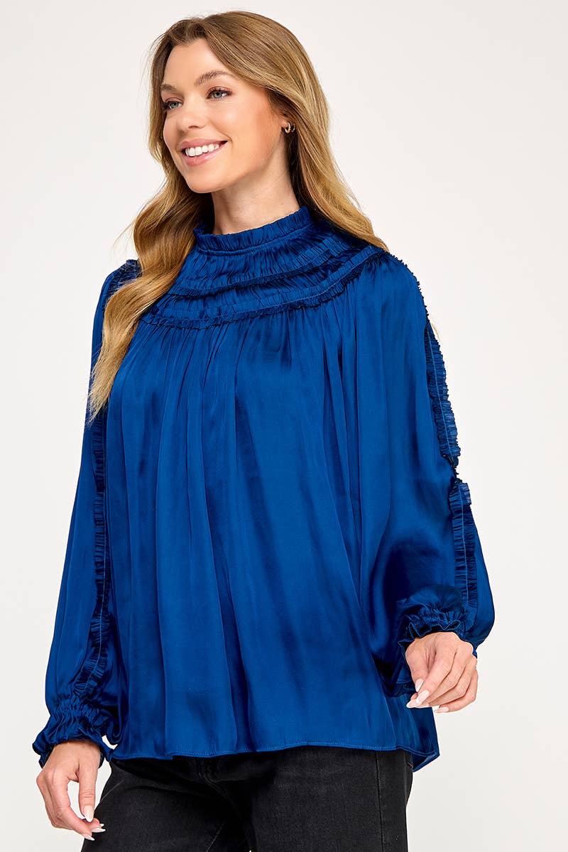 IT3477 - RUFFLED LONG SLEEVES SATIN TOP