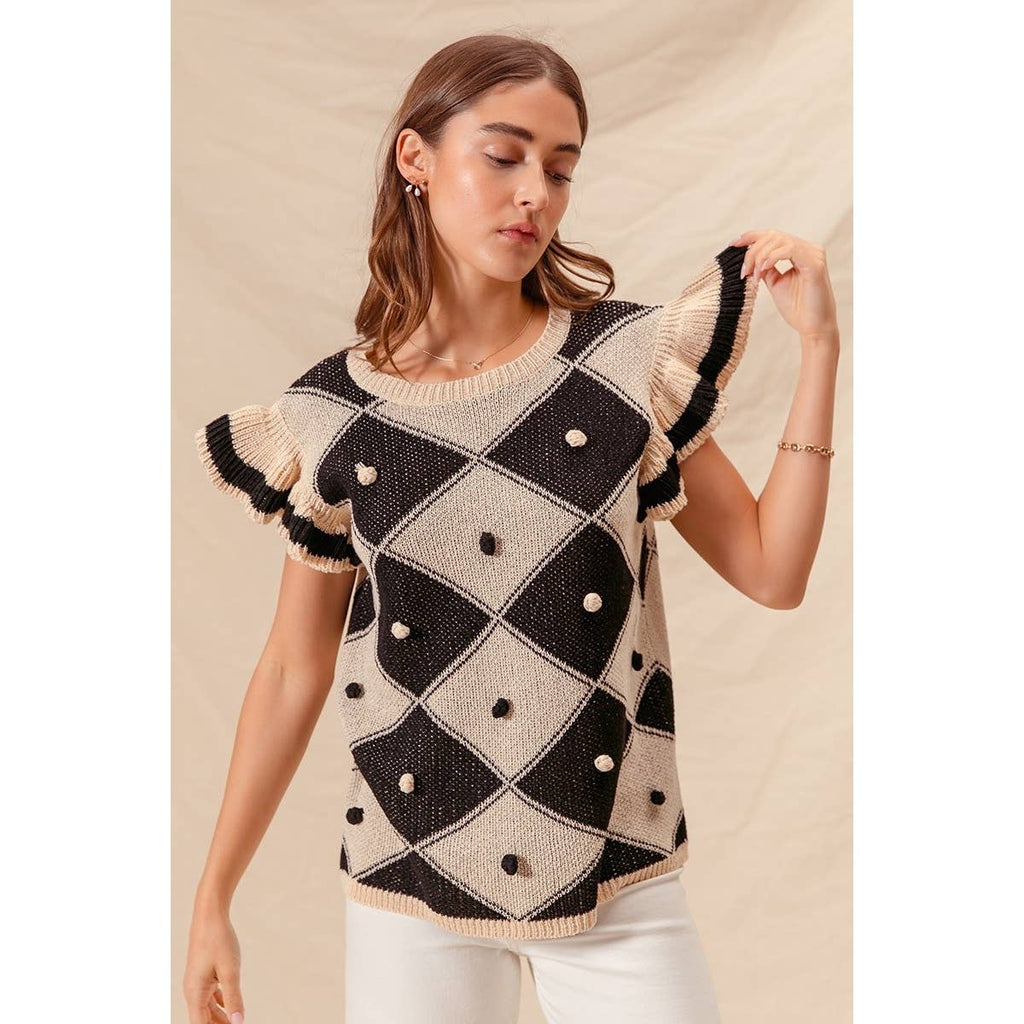 ARGYLE PATTER SWEATER TOP WITH RUFFLED SLEEVES