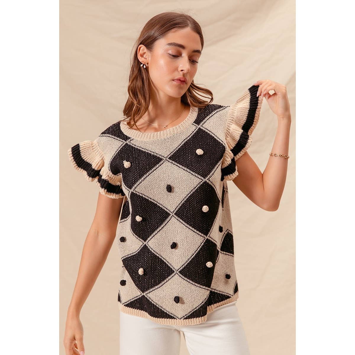 ARGYLE PATTER SWEATER TOP WITH RUFFLED SLEEVES