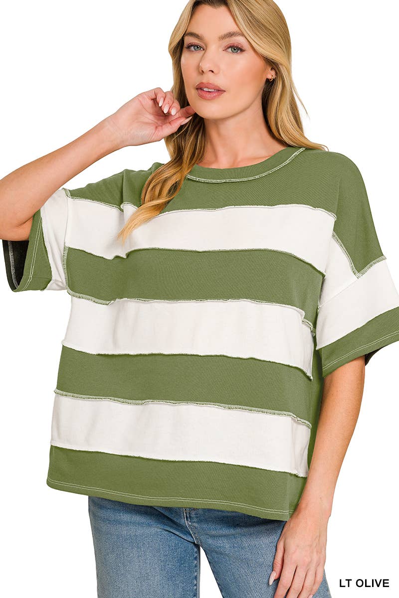 French Terry Striped Exposed Seam Top - Zenana