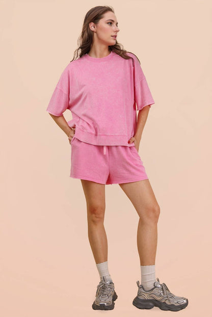 NT12429SETX-PLUS SIZE Mineral Washed Knit Casual Top & Shorts