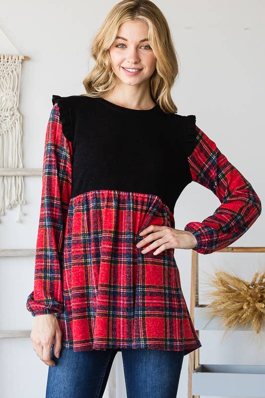 ET6757-13 SOLID AND MULTI COLOR PLAID BABYDOLL TOP