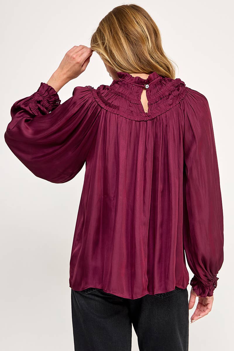 IT3477 - RUFFLED LONG SLEEVES SATIN TOP