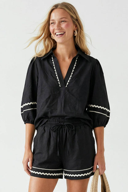 Contrast Trim Puff Sleeve Linen Blouse
