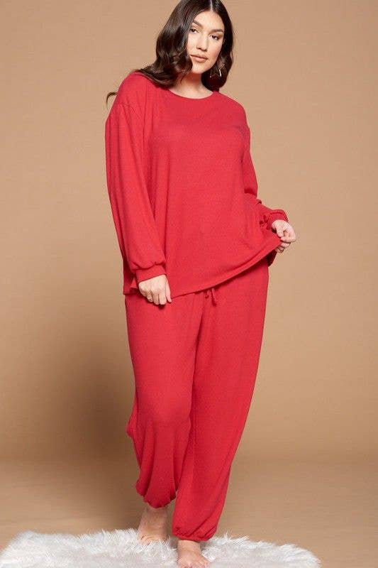 ETK-8314-PL Plus Size Solid Hacci Brush Cozy Lounge Set