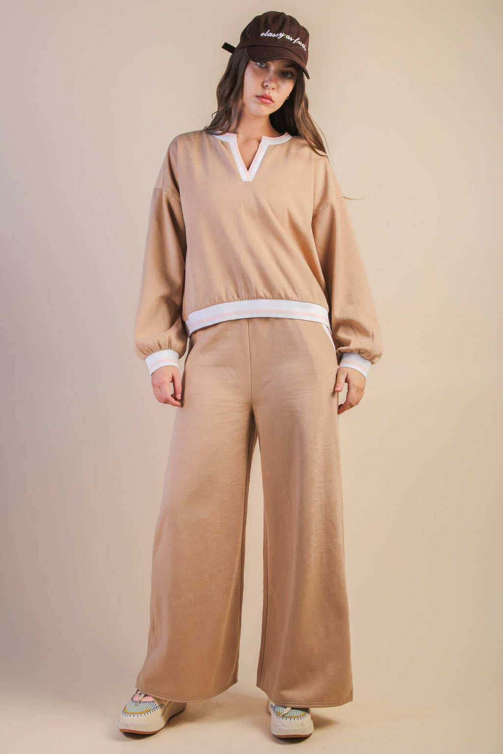 NT12382SET-Color Block Band Detail Comfy Knit Top & Pants Set