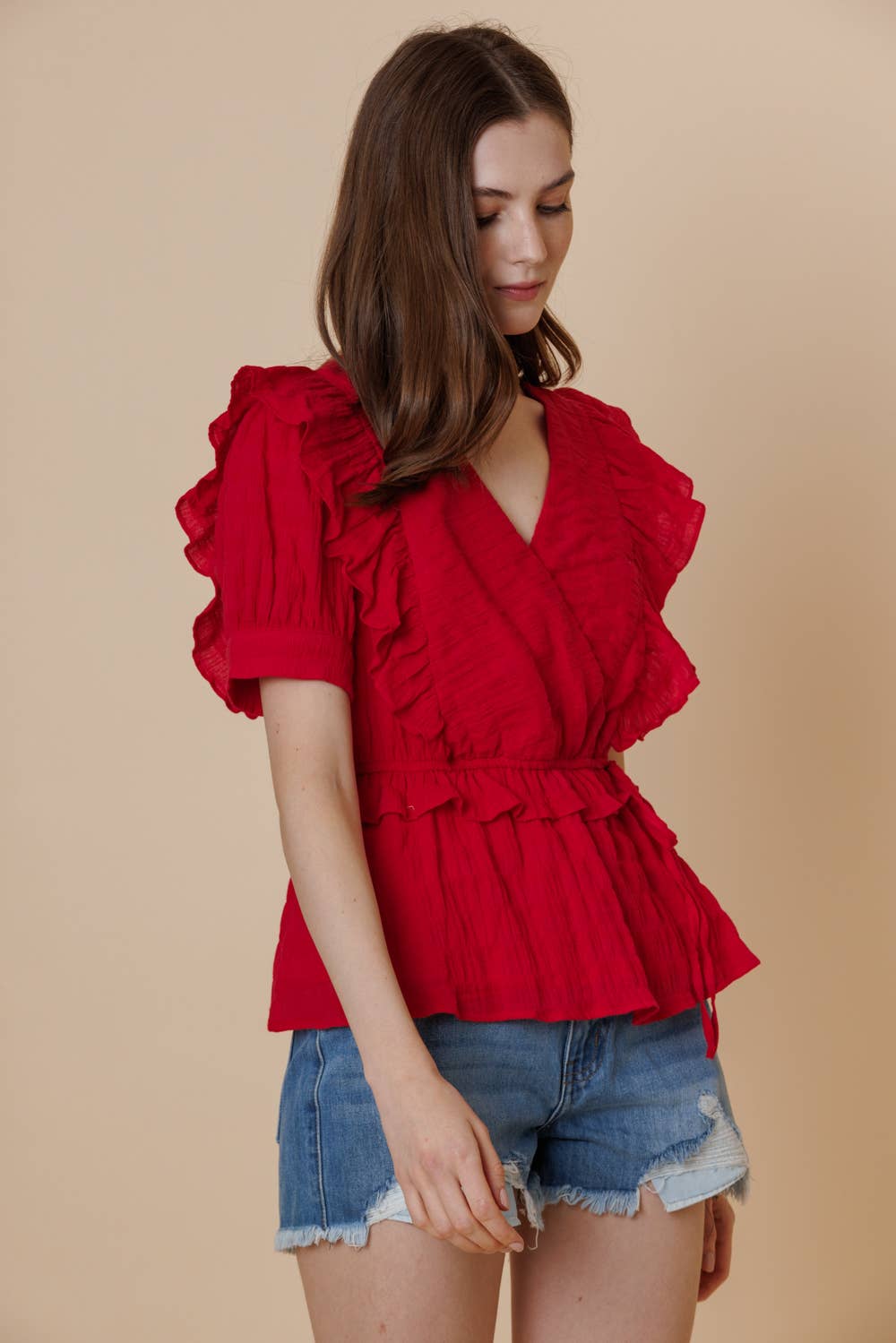 Textured Cotton Surpliced Puff Short Sleeve Ruffle Top