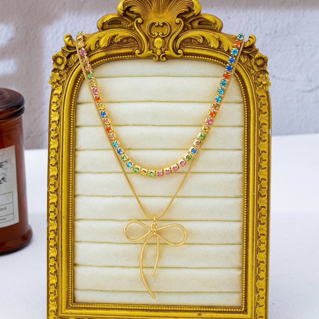 Rainbow Gemstone Bow Layered Necklace | 80N93283