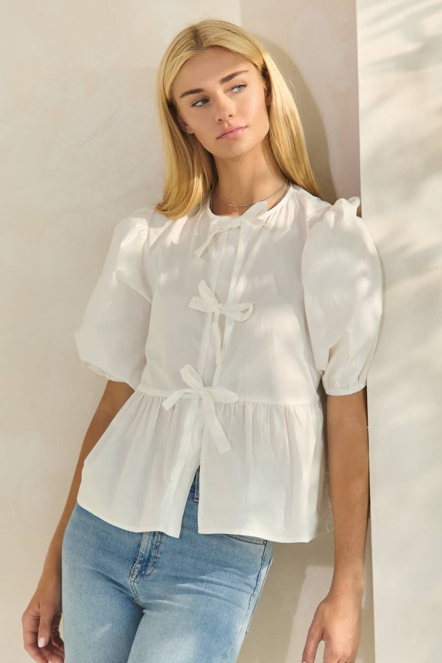 Solid Cotton Poplin Front Tie Ribbon Blouse: Burgundy / L