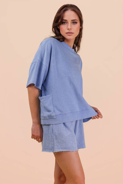 NT12429SETX-PLUS SIZE Mineral Washed Knit Casual Top & Shorts